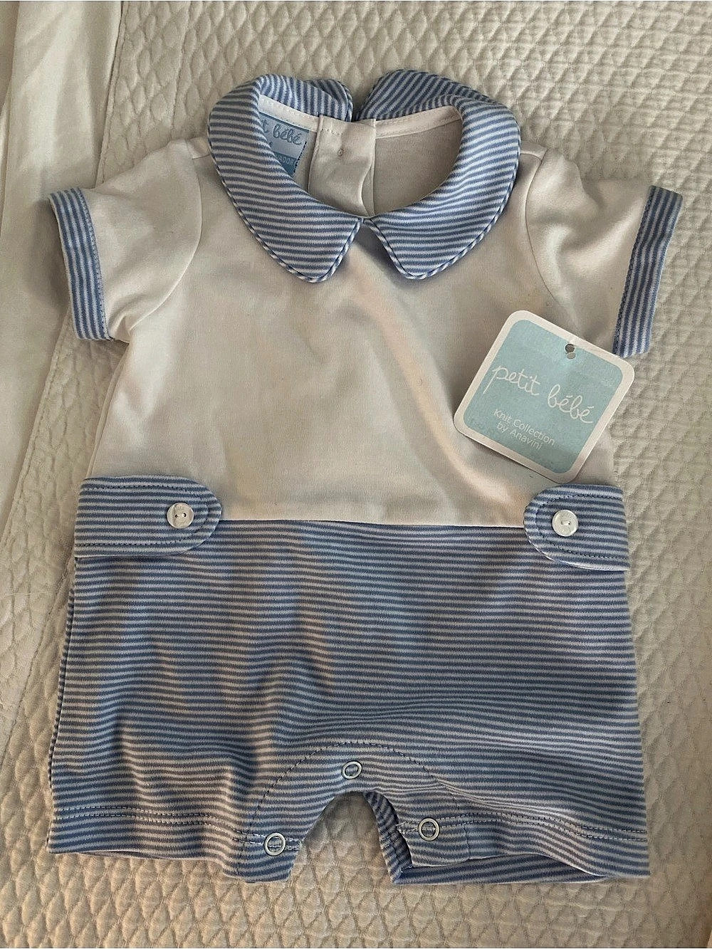 Petit Bebe Blue Knit Stripe Boys Romper Blue & White 3M - NWT